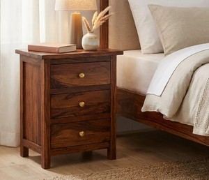 Solid <b>Wood</b> 3-Drawer Nightstand | <b>Rustic</b> Farmhouse Bedside <b>Table</b> | Dark Walnut Finish Bedroom Storage Furniture - Product Image 1