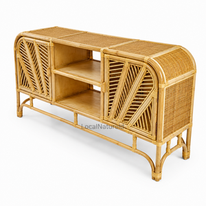 Meuble d'appoint en rotin, bibliothèque latérale, armoire de rangement en osier, console multimédia moderne à 3 étagères, mobilier naturel pour salon et hôtel - Product Image 3