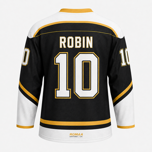 Camiseta de hockey sobre hielo para hombre, personalizada, en negro, blanco y dorado, con cuello con cordones y número de jugador personalizado - Product Image 4