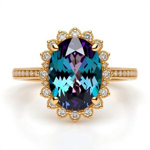 Anillo Halo de Oro Sólido de 9K con Alejandrita de Laboratorio Ovalada y Halo de Diamantes, Joyería Fina - Product Image 2