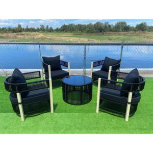 Ensemble de meubles de patio modernes 5 pièces table basse ronde avec coussins ensemble de conversation tissé par corde - Product Image 2