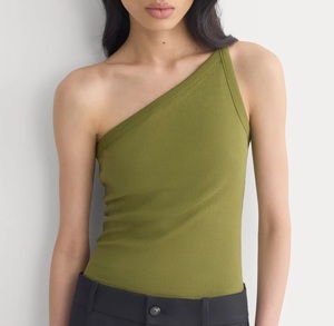 Women's Asymmetric 100% Cotton Knitted Rib Textured <b>One</b> Shoulder Tank <b>Top</b> Solid Deep Green Color Breathable Quick Dry - Product Image 4