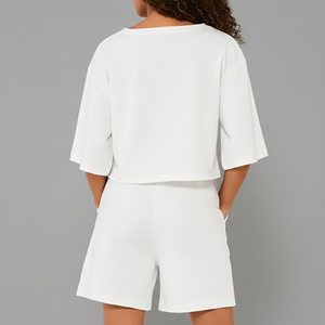 Women's <b>White</b> <b>2</b> <b>Piece</b> Shorts <b>Set</b> Crew Neck Half Sleeve Knitted Cotton Casual Spring Summer Daily Wear Loose Fit Above Knee - Product Image 3