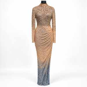 Radiant Champagne Gold to Blue Sequin Evening Gown | <b>High</b> Neck Long Sleeve Bodycon Floor Length <b>Dresses</b> <b>with</b> Draped Ruched <b>Waist</b> - Product Image 1