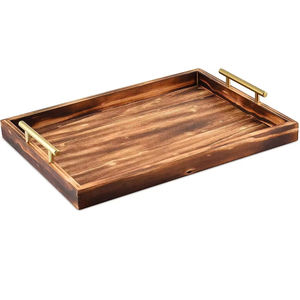 Plateau de service rectangulaire en bois d'acacia fait main de qualité supérieure avec poignées métalliques, plateau de table basse en bois naturel - Product Image 1