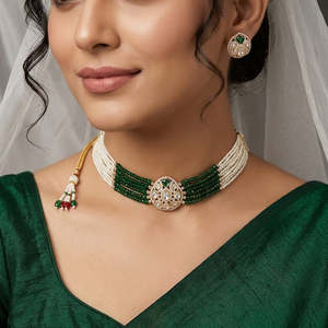 Jewelemarket Designer Fine Jewelry Set Polki Kundan Stone Pearl and Beads Choker Necklace-10575615DGR - Product Image 4