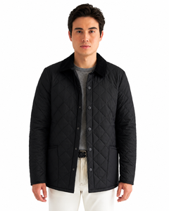 Chaqueta acolchada negra para hombre, con diseño de rombos, chaqueta de invierno, ropa exterior informal acolchada, chaqueta con botones al frente, abrigo ligero con aislamiento. - Product Image 1
