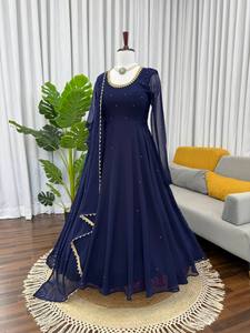 Blue Pakistani Indian Ethnic Anarkali Kurti Dupatta Beaded Floral Embroidery Faux Georgette Long Sleeves for Women Wedding Party - Product Image 3