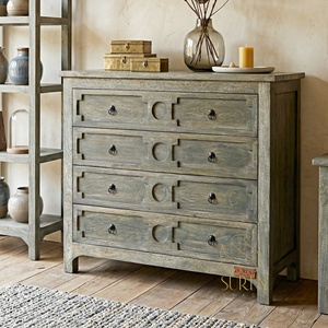 Mueble Consola de Salón Hecho a Mano con Diseño de Cajonera de 5+ Cajones y Puerta Shaker de Madera Maciza con Acabado Natural Ecológico de la India - Último Modelo - Product Image 1