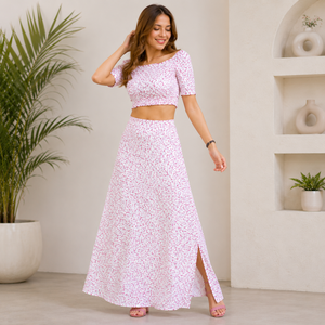 Women's Floral Print Two Piece <b>Maxi</b> <b>Skirt</b> Set Off Shoulder <b>Crop</b> <b>Top</b> & High Waist Summer Co-Ord Set OEM Custom Manufacturer - Product Image 2