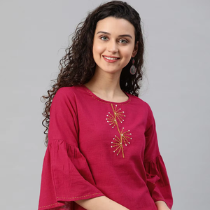 ชุดคุर्ตาผ้าฝ้ายสลับลายปะติดสำหรับผู้หญิง พร้อมแขนระบายผ้าเรยอน ทรงปกติ สวมใส่สบายๆ ในฤดูร้อน สไตล์ชาติพันธุ์ ป้องกันแสงแดด แห้งเร็ว - Product Image 1