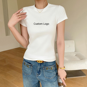 เสื้อยืดแขนสั้นคอกลมสีทึบสำหรับผู้หญิงทรงเข้ารูปลำลองผ้าฝ้ายเจอร์ซีย์สวมใส่ได้ในฤดูใบไม้ผลิฤดูร้อน - Product Image 1