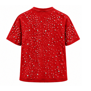 T-shirt unisexe rouge vif orné de perles, tendance, à manches courtes, col rond, avec perles décoratives, pour un style décontracté. - Product Image 2