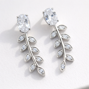 Trendy Women's White Cubic Zircon Leaf Dangle Drop Earrings Fine Sterling Silver Rhodium Plated Anniversary Engagement Rhaya - Product Image 3
