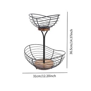 Cesta de frutas de alambre de Metal negro de 2 niveles con Base de madera, patrón de granja moderno, encimera redonda, lazos de almacenamiento de cocina para fiestas - Product Image 2