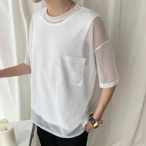เสื้อยืดผู้ชาย Y2K ลายตารางโปร่งแสง แขนสั้นอเนกประสงค์ เสื้อยืดสตรีทแวร์ สีพื้น สำหรับฤดูร้อน เสื้อผ้าผู้ชาย 2024 - Product Image 3
