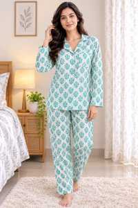Soft 100% Cotton Woven Floral Print Blue <b>Pyjama</b> Set Women | Luxury Hand Drawn V-neck Nightwear | Button Sleepwear Loungewear - Product Image 6