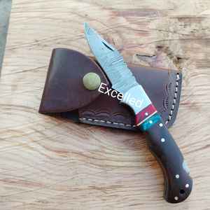 Couteau pliant multifonctionnel damas fait à la main 356 couches avec manche en bois couteau de poche à verrouillage arrière livré avec gaine en cuir - Product Image 2