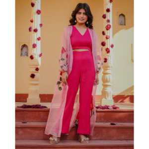 ชุดมิชิกะ XS สีชมพูโรส ลายเพ้นท์มือ 3 ชิ้น ผ้าชีฟอง แบบเสื้อท่อนบน - Product Image 6