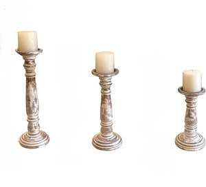 <b>Wooden</b> <b>Candlestick</b> Holder Set Cylindrical Shape Distressed White Finish Home Decoration Durable Design At Best Price - Product Image 1