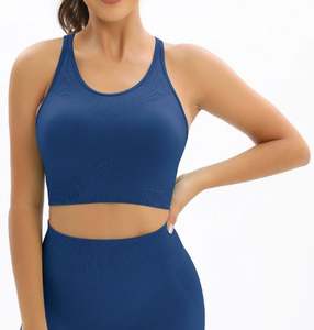 Conjunto de 2 piezas de ropa deportiva para yoga y gimnasio: Sujetador deportivo y shorts de cintura alta, OEM ODM, venta al por mayor, para mujer, acanalado, sin costuras, liso por delante. - Product Image 5