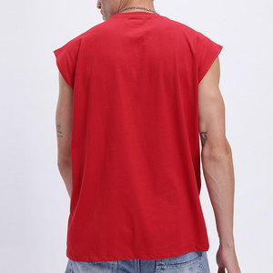 Camiseta sin mangas roja para hombre, con cuello redondo y estampado de letras en la parte delantera, corte casual, longitud regular, camiseta sin mangas de algodón - Product Image 2
