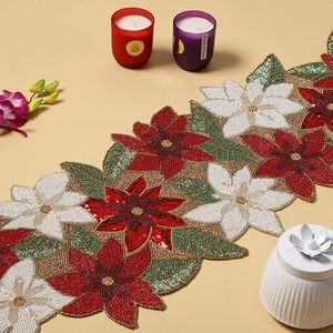 Camino de Mesa Bordado con Diseño Floral de Flor de Pascua Roja y Blanca para Decoración del Hogar - Product Image 2