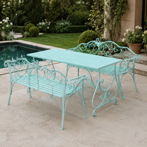 Ensemble de salle à manger de jardin en fer forgé vert menthe avec table à lattes et bancs ornés pour mobilier de patio extérieur - Product Image 2