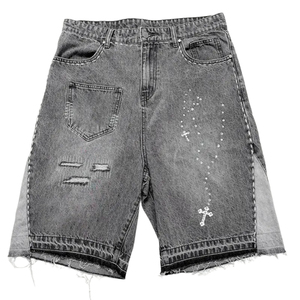 Shorts en jean délavé personnalisé avec logo pour homme, 100 % coton, denim épais tricoté, coupe ample et décontractée - Product Image 1