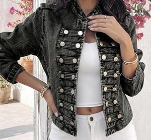 CHICME Denim <b>Jacket</b> for <b>Women</b> Double Breasted Button up Stand Collar Washed Casual Long Sleeve <b>Lightweight</b> Fall Coat - Product Image 6