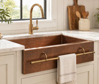 Évier de cuisine en laiton artisanal, fait main, avec barre porte-serviettes en laiton, bassin carré à bordure, style italien, luxe sur mesure, style ferme