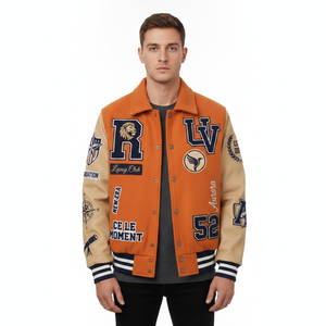 Veste universitaire orange pour homme avec motifs brodés, col rabattu, style preppy, vêtement d'automne - Product Image 2