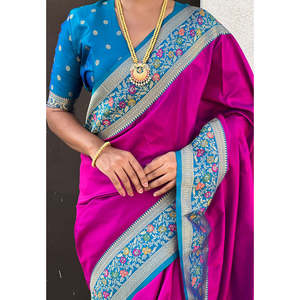 Sari en soie magenta Elite Weaves avec pallu Paithani et Kadiyal Zari tissé, sari ethnique pour soirée, réversible et extensible - Product Image 3