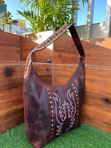 <b>Boot</b> Stitch Hand Tooled Genuine Leather Large Hobo Bag for Women's Western Cowhide Leather Handbag Concealed Carry Shoulder Bags - Product Image 3