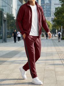 Conjunto Deportivo para Hombre Color Granate, Sudadera Casual con Cierre Frontal y Cuello Alto, Pantalones con Cordón, Ropa de Otoño - Product Image 5