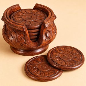 Wooden <b>Drink</b> <b>Coasters</b> with Holder Solid Round for Coffee Table Bar Kitchen Office Stylish Beverage Perfect Housewarming Gift - Product Image 1