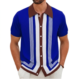 Camisa de Hombre ROLEIN Antiarrugas de Seda y Viscosa de Manga Corta a Rayas con Diseño de Bloques de Color y Botones Frontales Verde - Product Image 5