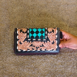 Venus Leather Were Designer Luxury Hand Tooled Carving Cowhide Wristlet Clutch <b>Wallet</b> <b>RFID</b> Protection Large Capacity Button - Product Image 1