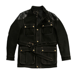 Veste de moto en cuir noir pour homme, manches longues, coupe-vent, style hiver, avec ceinture et plusieurs poches - Product Image 1