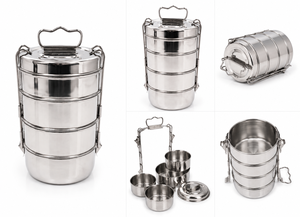 Dheer International Grey Stainless Steel 4 Tier Tiffin Lunch <b>Box</b> for Portable Hanging Modern Food Container for Office - Product Image 2