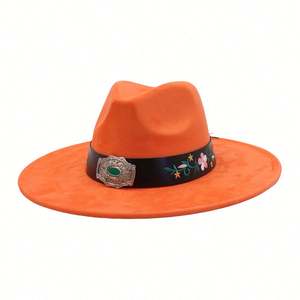 Nouvel Arrivage Chapeau Fedora en Daim Style National à Bord Large Plat avec Patch Brodé, Chapeau Jazz Décontracté et Tendance en Daim Coloré - Product Image 3