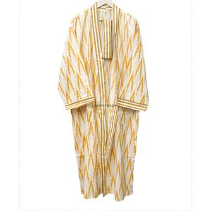 <b>Women</b> Full Length Robe V-Neck Floral Yellow <b>White</b> 100% Cotton Woven Casual Sleepwear Three Quarter Sleeve Summer Soft - Product Image 5