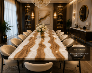 Table à manger en résine époxy blanc nacré, table rivière faite à la main, décoration moderne de luxe, mobilier de bureau exécutif - Product Image 5