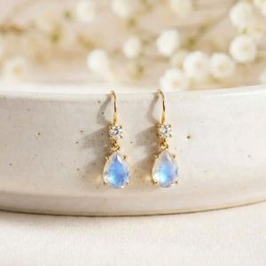 Natural <b>Rainbow</b> Moonstone and CZ <b>Drop</b> Earrings with Pear Faceted Gemstone Dangle Design in 925 Sterling Silver or Gold Filled - Product Image 3