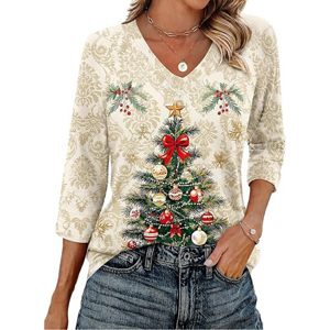 Camiseta al por mayor con estampado damasco festivo y gráfico artesanal de árbol de Navidad, jersey informal de media manga para las fiestas de temporada - Product Image 1