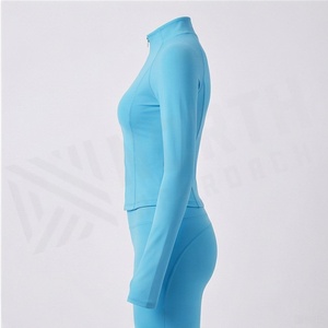 Women's <b>Light</b> <b>Blue</b> 2 Piece Yoga Set <b>Long</b> <b>Sleeve</b> Zip Up Jacket With Thumbholes - Product Image 3