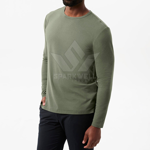 T-shirt en tricot à manches longues pour homme, vert olive, col rond, coupe classique, style décontracté uni - Product Image 4