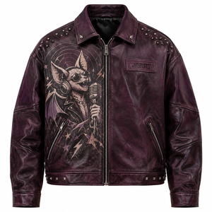 <b>Purple</b> <b>Mens</b> Leather Jacket Rock Bat Graphic Studded Lapel Collar Biker Coat Custom OEM ODM Factory Wholesale Production Offer - Product Image 1