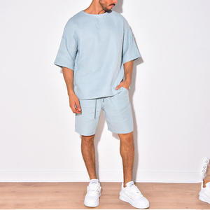 Conjunto de Camiseta y Pantalones Cortos de Algodón Azul Claro para Hombre, Ropa Casual de Verano, Transpirable, Cuello Redondo, Color Sólido - Product Image 2