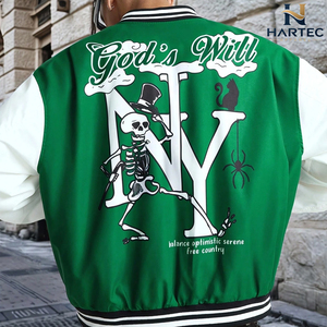 เสื้อแจ็คเก็ตวาร์ซิตี้ทรงโอเวอร์ไซส์สำหรับผู้ชาย ผลิตในปากีสถาน สีเขียวทำจากผ้าขนสัตว์ แขนเสื้อหนังสีขาว แต่งลายปักตัวอักษร N Y สไตล์สปอร์ต - Product Image 2